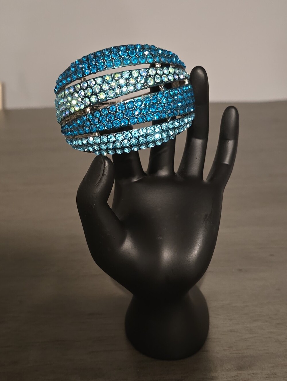 Wide Silver-tone Hinge Turquoise And Aqua-blue Pave Rhinestone Cuff Bracelet